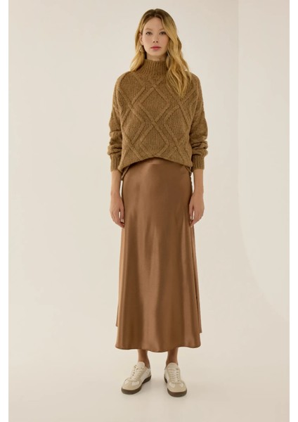 Kadın Yüksek Bel Saten Midi Etek Mocha Kahvesi