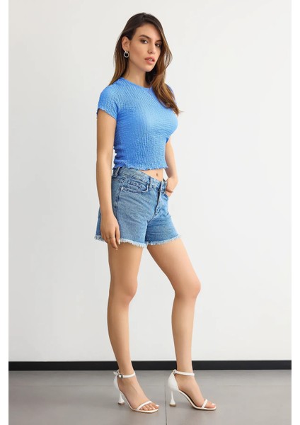 Kadın Dokuma Kumaşlı Yuvarlak Yaka Kısa Kollu Kırpılmış Üst Blue modelleri
