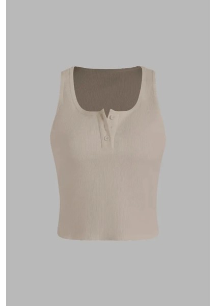 Kadın Düğme Detaylı Crop Üst Natural