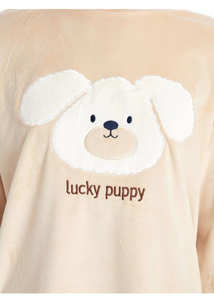 Lcw Young Bej Bisiklet Yaka Nakışlı Kadın Kadife Pijama Takımı modelleri
