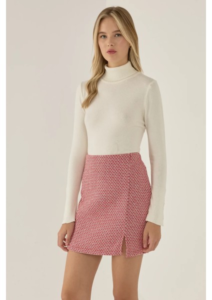 Kadın Yırtmaçlı Düz Mini Etek Red