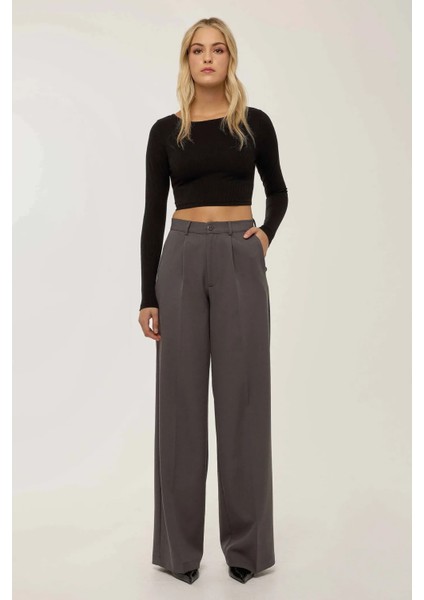 Kadın Yüksek Bel Geniş Paça Pantolon Grey
