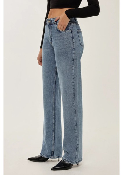 Kadın Orta Bel Straight Leg Jean Koyu Mavi Denim
