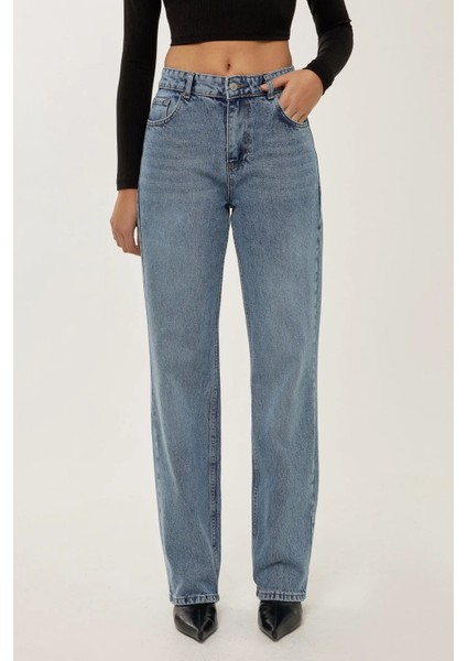 Kadın Orta Bel Straight Leg Jean Koyu Mavi Denim modelleri