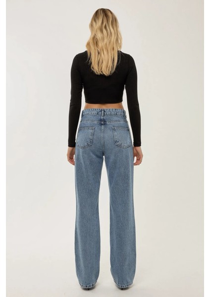 Kadın Orta Bel Straight Leg Jean Koyu Mavi Denim fırsatları
