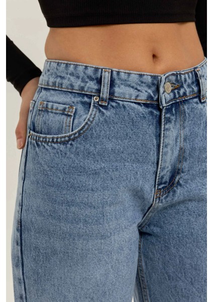 Kadın Orta Bel Straight Leg Jean Koyu Mavi Denim indirimleri