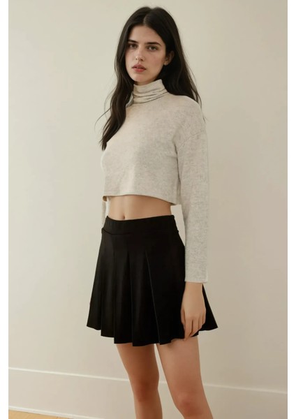 Kadın İçi Şortlu Pileli Mini Dokuma Etek Siyah