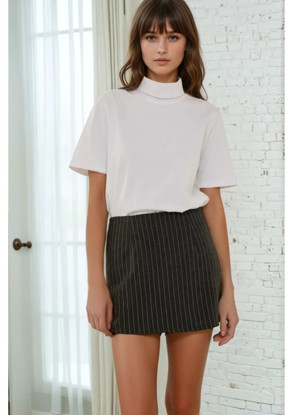 Kadın Çizgili Mini Etek Grey