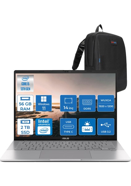 Vivobook WS3407VA S14 Intel Core I5 13420H-56GB Ddr5-2tb Ssd-14" Wuxga IPS 300NITS WIN11PRO Taşınabilir Bilgisayar ZLY045H29+ZETTAÇANTA