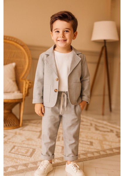 Erkek Çocuk Keten Ceket Pantolon 3'lü Takım