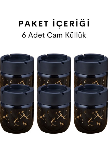 6 Adet Siyah Bronz Mermer Desenli Dekoratif Cam Kokusuz Küllük Kül Tablası Seti 425 cc modelleri
