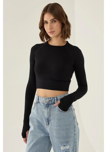 Kadın Slim Fit Basic Crop Top Black