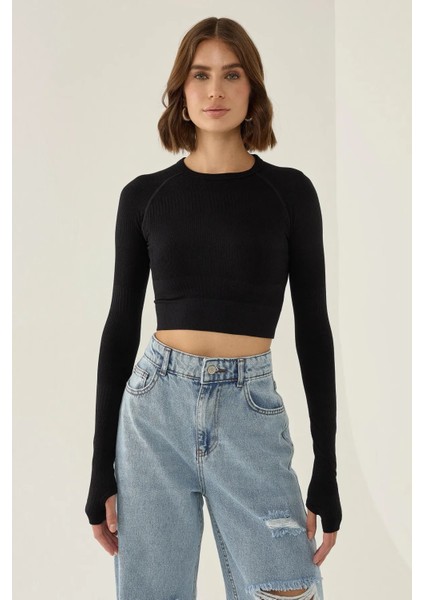 Kadın Slim Fit Basic Crop Top Black fırsatları