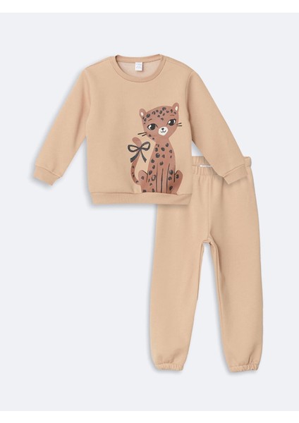 Lcw Kids Bej Kedi Baskılı Kız Bebek Sweatshirt ve Eşofman Alt 2'li