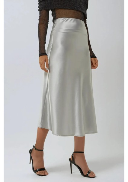 Kadın Yüksek Bel Saten Midi Etek Grey