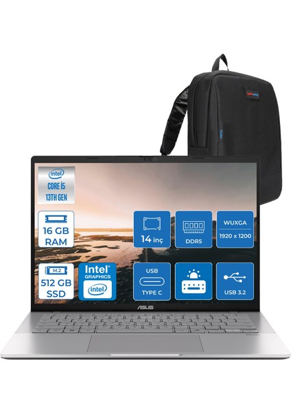 Vivobook WS3407VA S14 Intel Core I5 13420H-16GB DDR5-512GB Ssd-14" Wuxga IPS 300NITS Freedos Taşınabilir Bilgisayar ZLY045F02+ZETTAÇANTA