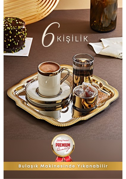 6 Kişilik Tepsili Gold Porselen Fincan Seti Damat Kahvesi-Söz Nişan Türk Kahvesi Kahve Fincanı