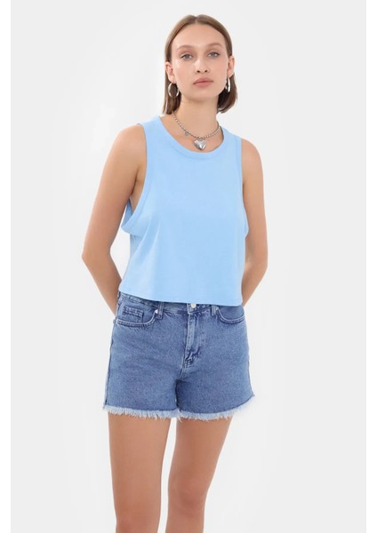 Kadın Kolsuz Yuvarlak Yakalı Düz Kısa Üst Blue