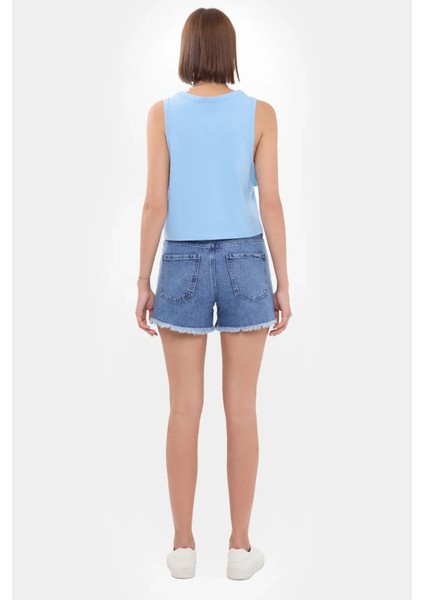 Kadın Kolsuz Yuvarlak Yakalı Düz Kısa Üst Blue fırsatları