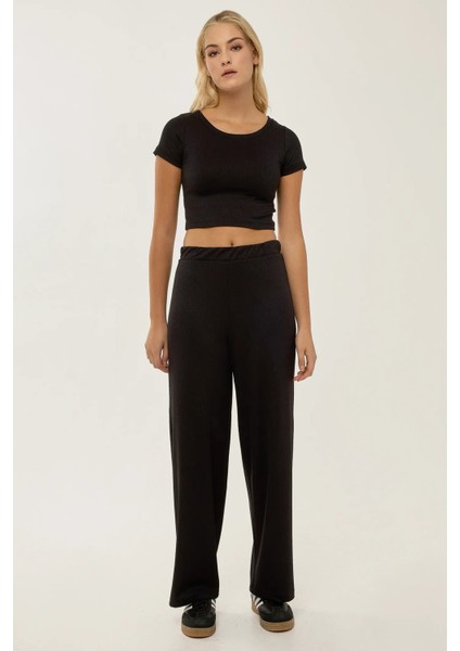 Kadın Örme Crop Bluz & Lastikli Pantolon Takım Siyah