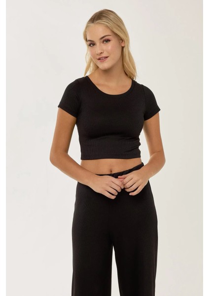 Kadın Örme Crop Bluz & Lastikli Pantolon Takım Siyah fiyatları