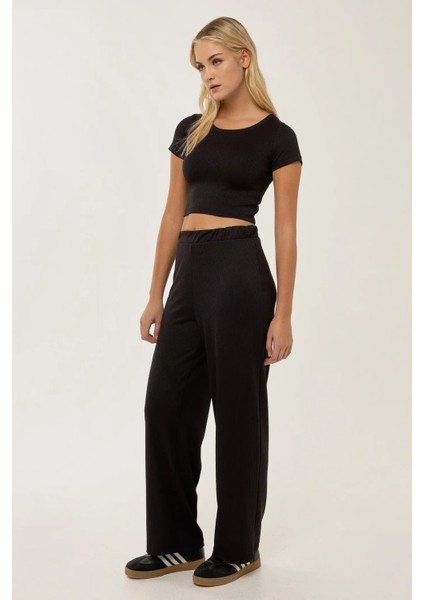 Kadın Örme Crop Bluz & Lastikli Pantolon Takım Siyah fırsatları