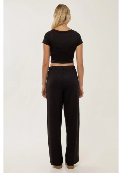 Kadın Örme Crop Bluz & Lastikli Pantolon Takım Siyah indirimleri