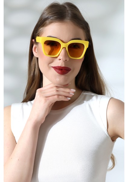 Kadın Kare Mat Sarı UV400 Güneş Gözlüğü Garson Boy 23048-1 C36 M