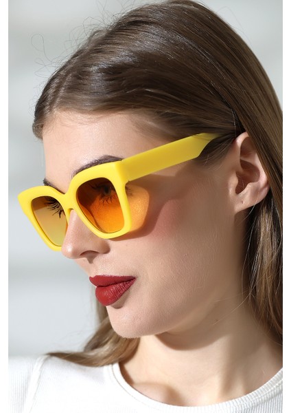 Kadın Kare Mat Sarı UV400 Güneş Gözlüğü Garson Boy 23048-1 C36 M fırsatları