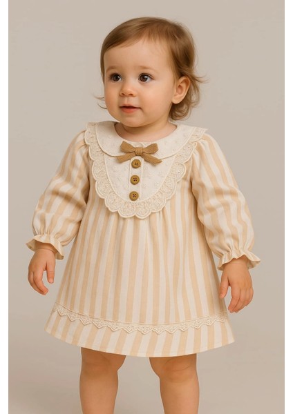 Lüks Kız Elbise Çizgili Dantelli Yakalı Düğmeli Gizli fermuarlı