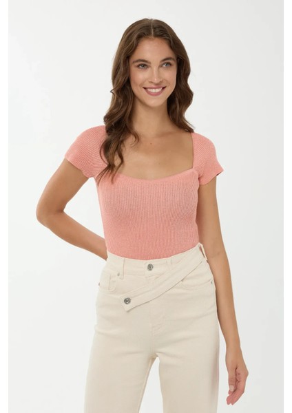 Kadın Kare Yaka Örme Üst Neon Pembe