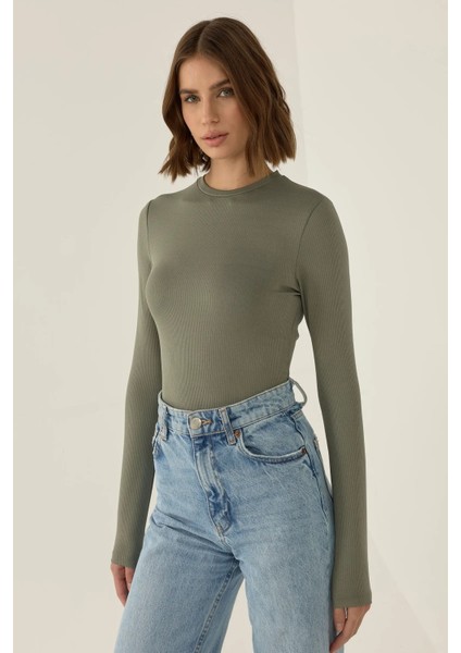 Kadın Dar Kesim Uzun Kollu Bisiklet Yaka Bodysuit Green