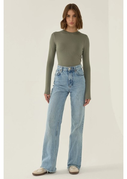 Kadın Dar Kesim Uzun Kollu Bisiklet Yaka Bodysuit Green fiyatları