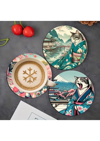 6 Parça Japon Kimono Temalı Ahşap Bardak Altlığı Seti fırsatları