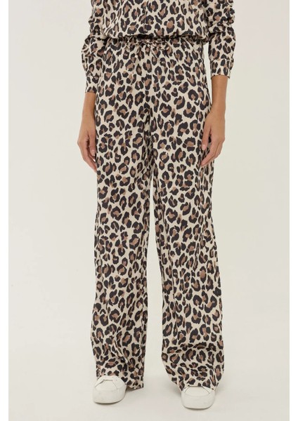 Kadın Leopar Desenli Düz Kesim Pantolon Brown fiyatları