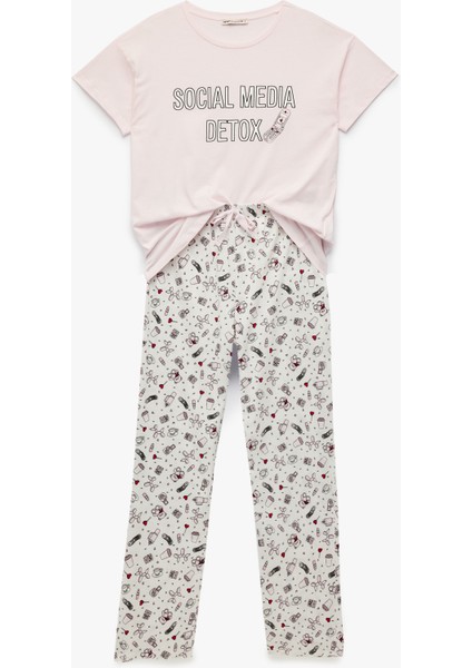 Pamuklu Kısa Kollu Bisiklet Yaka Baskılı Pijama Takımı