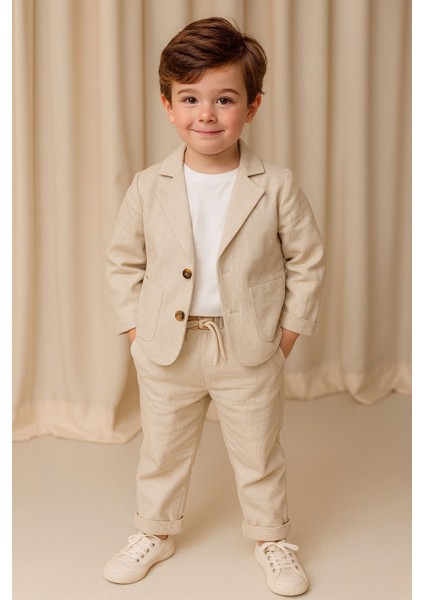 Erkek Çocuk Keten Ceket Pantolon 3'lü Takım