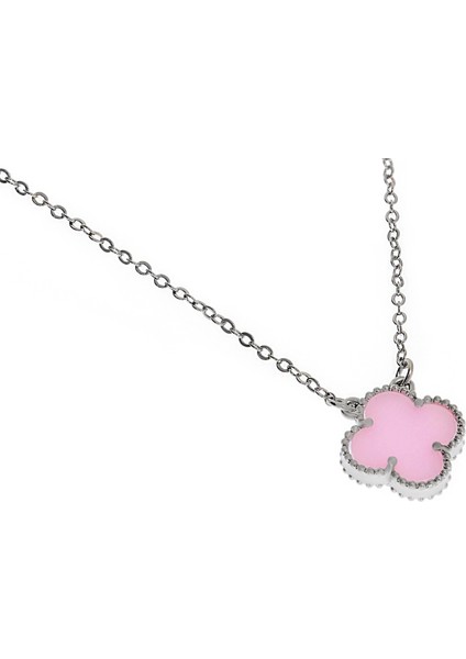 Kadın Pembe Renk Yonca Model Çelik Kolye