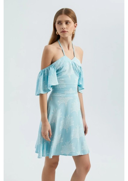 Kadın Çiçek Desenli Kat-Aşağı Askılı Mini Elbise Mavi