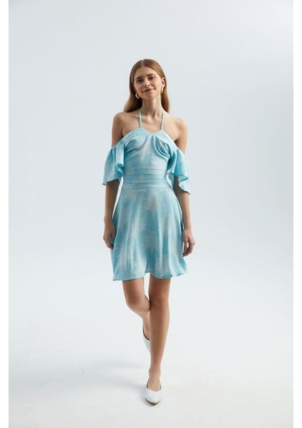 Kadın Çiçek Desenli Kat-Aşağı Askılı Mini Elbise Mavi fiyatları