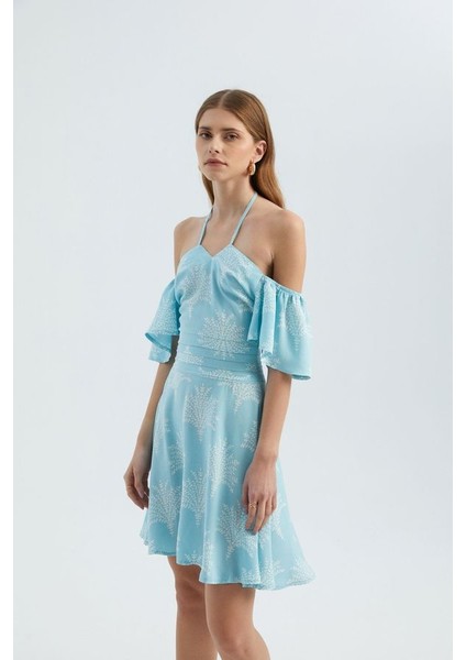 Kadın Çiçek Desenli Kat-Aşağı Askılı Mini Elbise Mavi modelleri