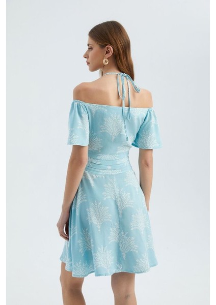 Kadın Çiçek Desenli Kat-Aşağı Askılı Mini Elbise Mavi fırsatları