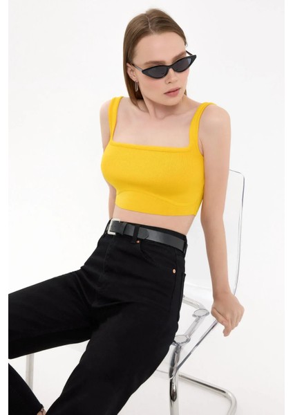 Kadın Kare Yaka Kolsuz Crop Top Yellow