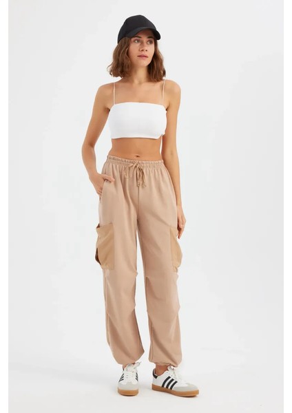 Kadın Bağcıklı Yüksek Bel Dokuma Jogger Pantolon Bej Doğal