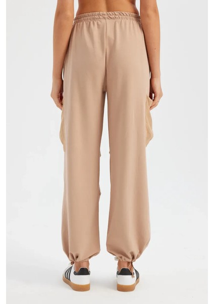 Kadın Bağcıklı Yüksek Bel Dokuma Jogger Pantolon Bej Doğal modelleri