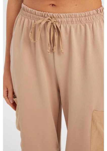 Kadın Bağcıklı Yüksek Bel Dokuma Jogger Pantolon Bej Doğal indirimleri