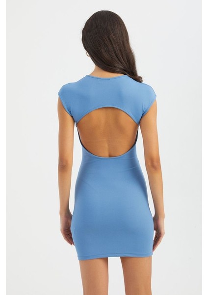 Kadın Arka Kesik Detaylı Bisiklet Yaka Kısa Kollu Mini Beden Oturan Elbise Mavi