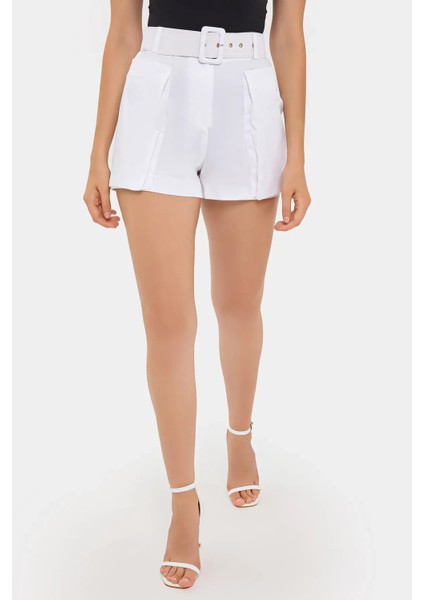 Kadın Cebi ve Kuşak Detaylı Pamuk Yüksek Bel Şort Beyaz