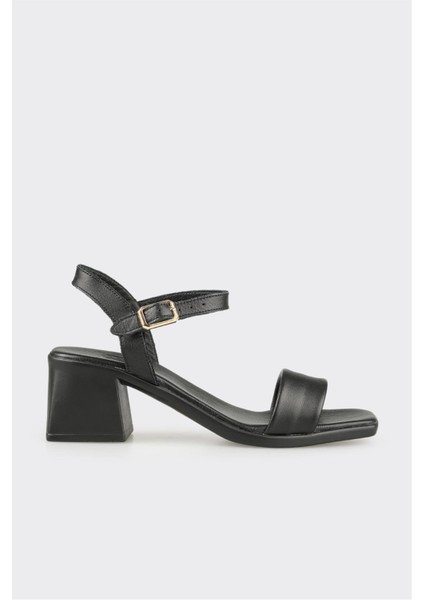 Siyah Deri Kadın Topuklu Sandalet
