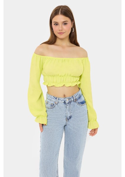 Kadın Omuzdan Askılı, Uzun Kollu ve Pilili Detaylı Keten Kısa Üst Sarı